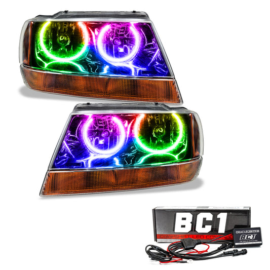 Oracle Lighting black colorSHIFT SMD headlights for Jeep Grand Cherokee 99-04 with BC1 controller, featuring modern design and LED lighting.