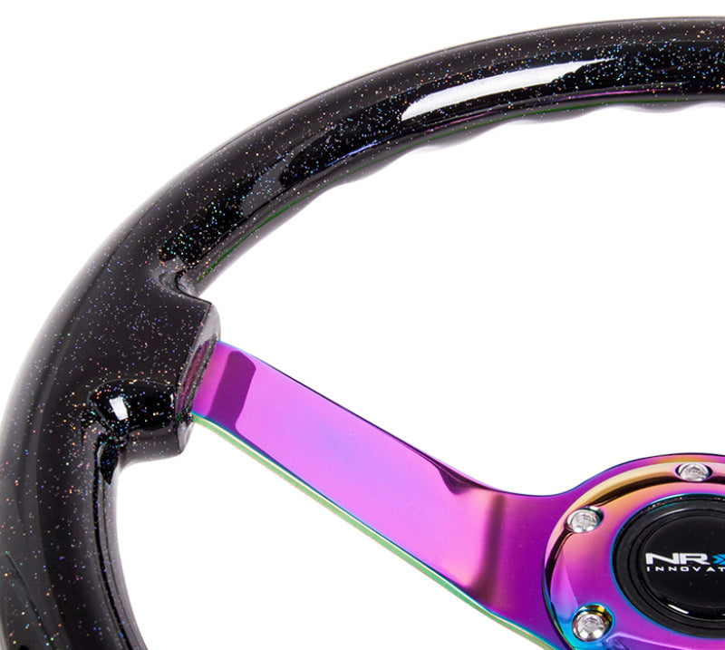 NRG reinforced black sparkle steering wheel with 3-spoke center, 350mm diameter and 3-inch deep design, featuring 4mm neochrome accents.