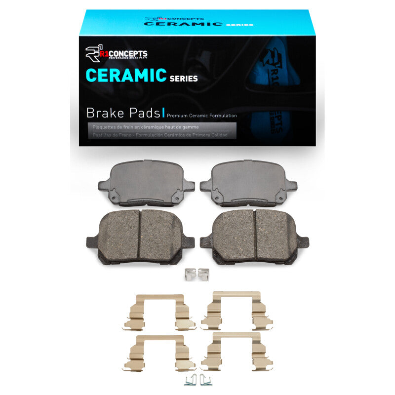 R1 Concepts Lexus ES300 1997-2004 front OE ceramic brake pads and hardware kit, showing new brake components installed.