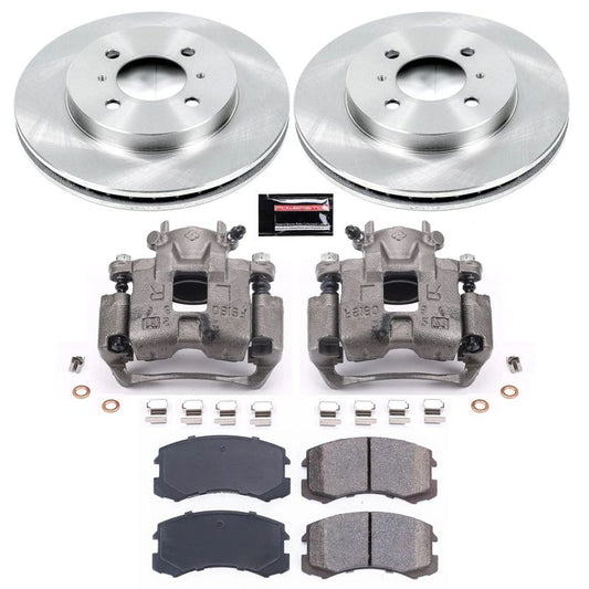 PowerStop OE front brake kit with calipers for Mitsubishi Lancer 2002-2007, including brake rotors and calipers.