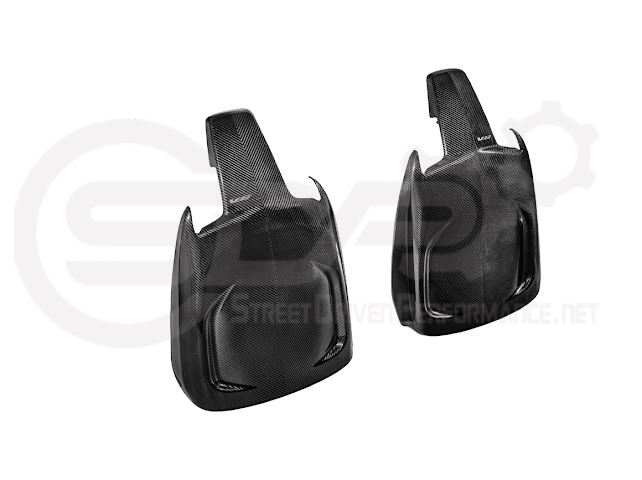 Pair of black carbon fiber seat back panels for Cadillac CT5-V and Blackwing interior, driver and passenger side, by Street Driven Performance.