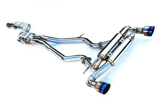Invidia Gemini N1 single layer titanium cat-back exhaust system for Toyota Supra 3.0, showcasing polished metal piping and branding.