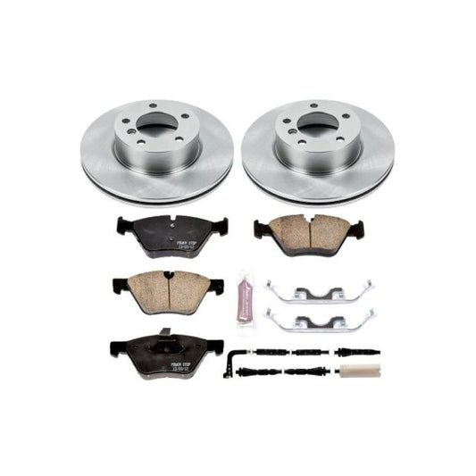 PowerStop OE brake kit for 2007 BMW 328i front, featuring brake rotors and pads in a vehicle wheel assembly.