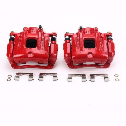 Pair of PowerStop front red brake calipers with brackets for Hyundai Santa Fe 2010-2012, performance brake calipers shown in the image.