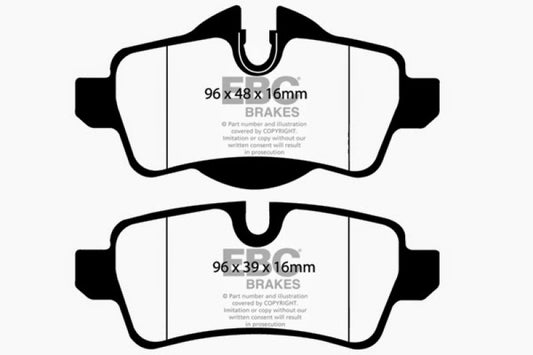 EBC Mini Hardtop 1.6 Redstuff performance rear brake pads for 2007-2014 Mini Hardtop, high-performance brake component.