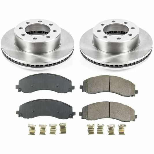 PowerStop OE brake rotors for Ram 3500 front Autospecialty brake kit, showing clean, new brake rotors installed on the vehicle.