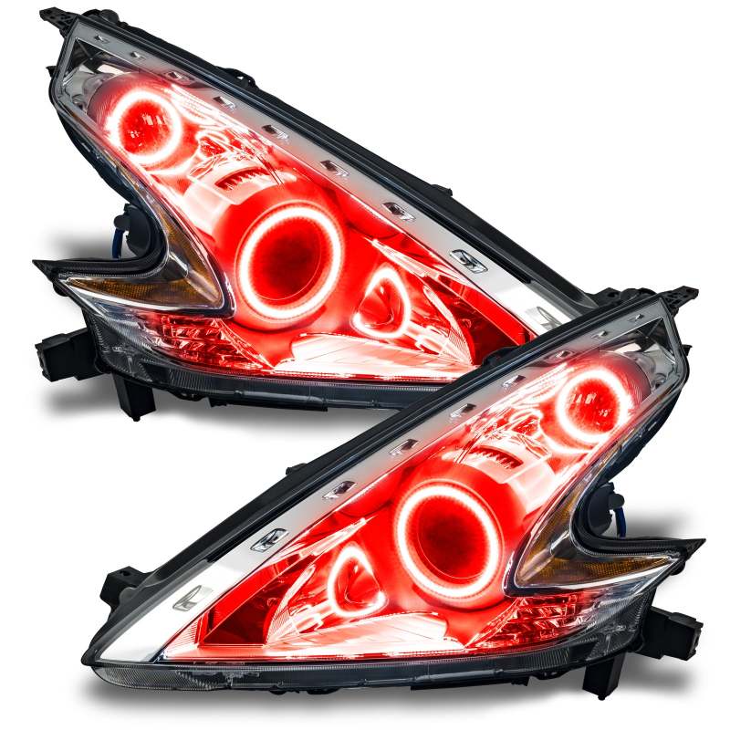 Oracle Lighting LED dual halo headlight kit for Nissan 370Z 2009-2020 with red accents, showcasing the headlights with halo rings illuminated.