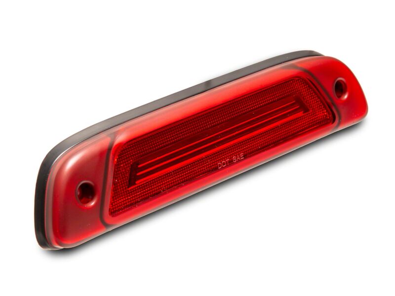 Red Raxiom Axial Series LED third brake light for 2005-2015 Toyota Tacoma, mounted on vehicle with illuminated LEDs.