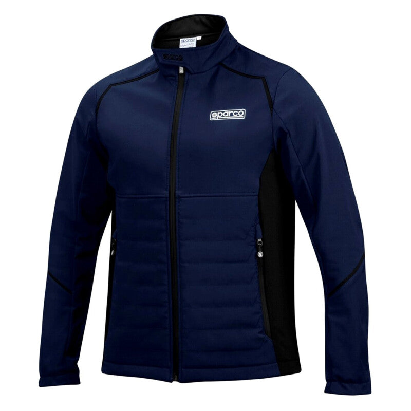 Navy and black Sparco softshell jacket for men, lightweight textile jacket with zip-up front and adjustable cuffs.