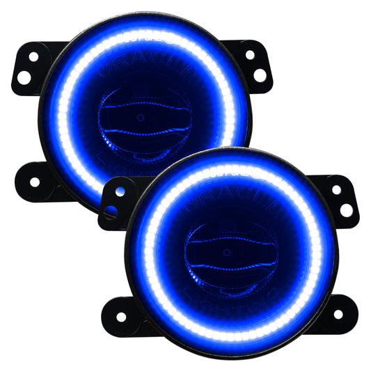 Oracle Lighting high performance blue LED fog lights for Jeep Wrangler JK, JL, JT models, designed for improved visibility and style.