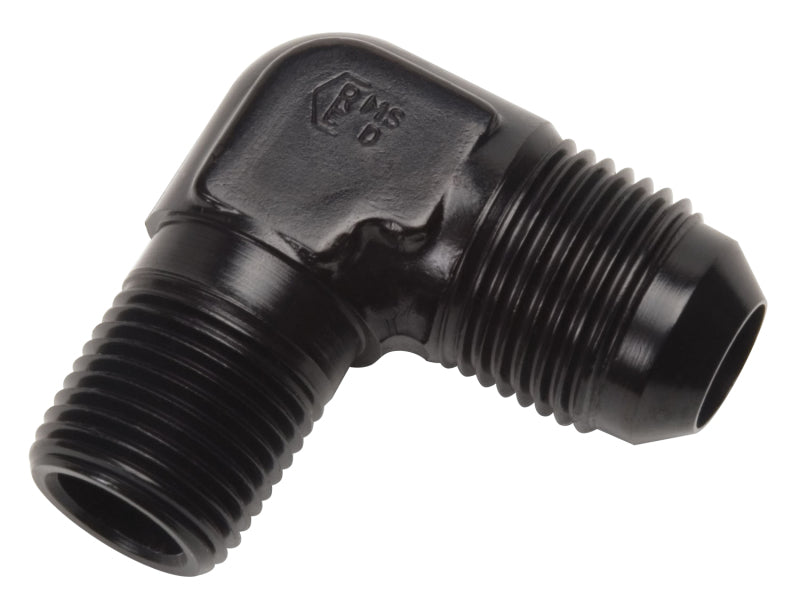 Russell Performance black 90-degree flare to pipe adapter fitting with -12 AN to 1/2 inch NPT connection for automotive use