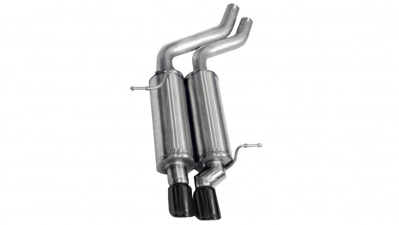Black Corsa Performance axle-back exhaust for BMW 325i/ci E46 convertible 2001-2006, showing the sleek exhaust tips.