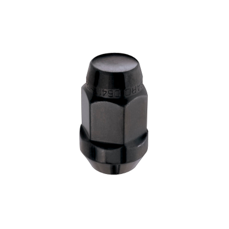 Black McGard Hex Lug Nut set, cone seat bulge style, 1/2-20 thread size, 3/4 inch hex, 1.45-inch length, 4-pack.