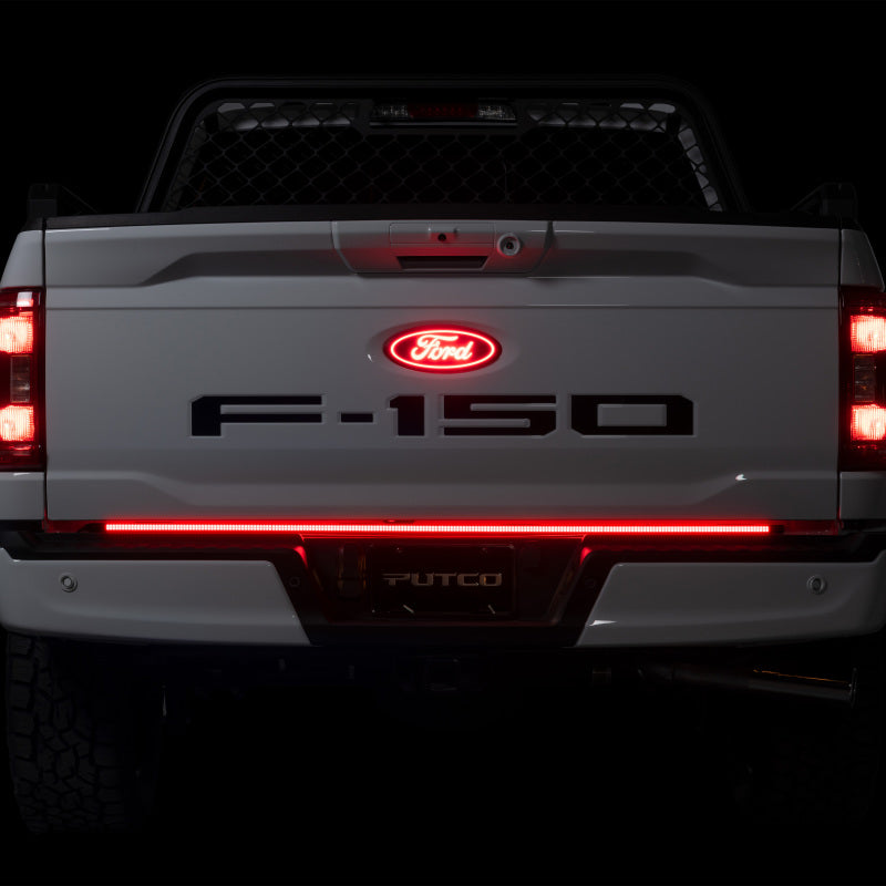 Putco 20-22 Ford Super Duty light tailgate bar with LED lamps, featuring a 60-inch direct fit blade kit for tailgate enhancement.