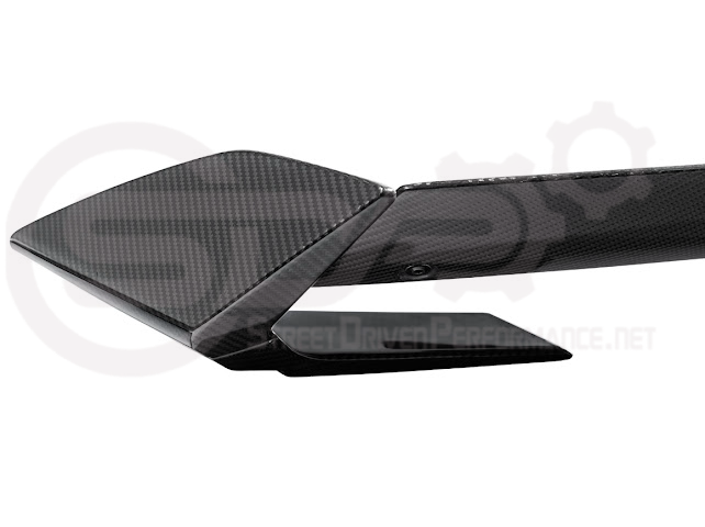 Dark Horse style carbon fiber rear wickerbill spoiler wing on a 2015-2023 Ford Mustang, designed for sporty performance and aerodynamic look.