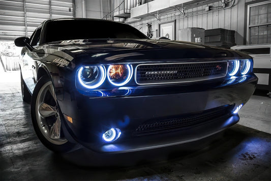 Oracle Dodge Challenger fog light halo kit with dynamic surface mount headlight and fog light halos for enhanced vehicle lighting.