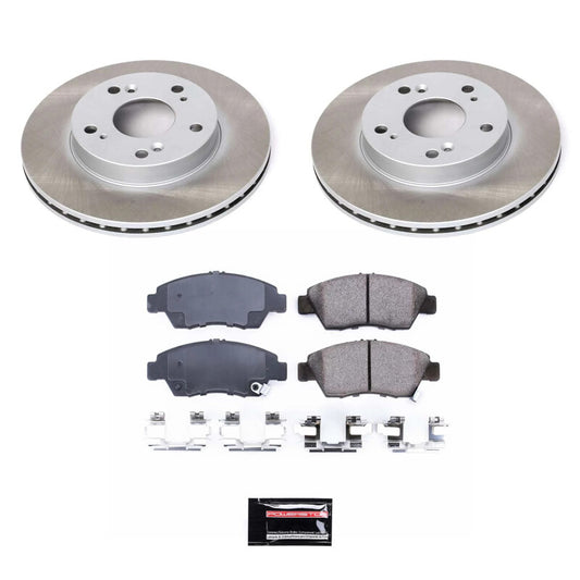 PowerStop semi-coated front brake rotor kit for 2004-2005 Honda Civic, showing the performance brake rotors and hardware.