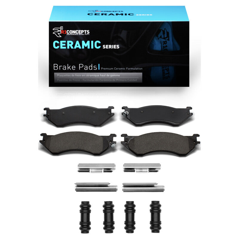 R1 Concepts OE ceramic brake pads and hardware kit for Dodge B1500 1997-2004 front brake system.