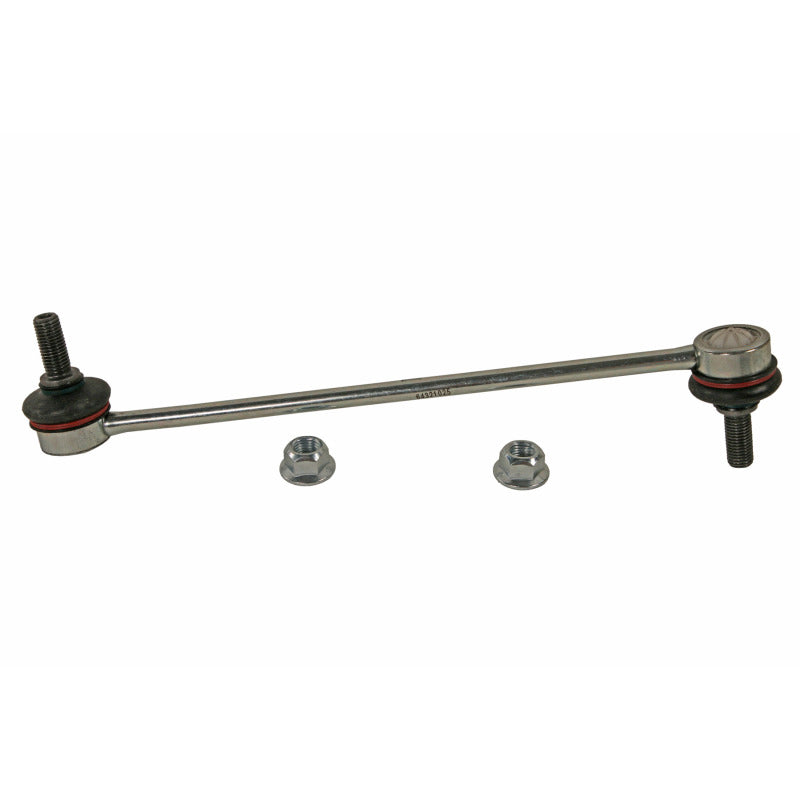 Moog front sway bar endlink for Jeep Cherokee 2014-2023, close-up of metal sway bar link with rubber bushings.