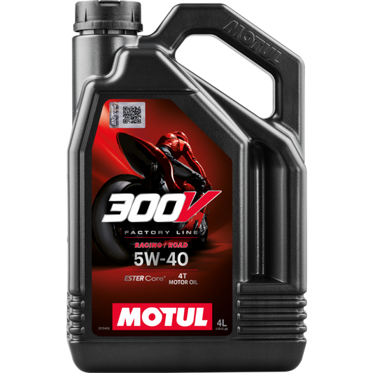 Bottle of Motul 300V Factory Line Road Racing 5W40 motor oil in a 4-liter container, showcasing the product label and packaging.