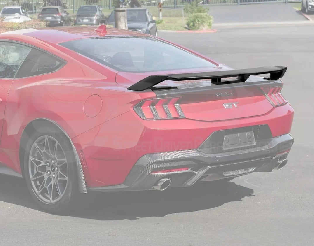 Ford Mustang S650 2024 rear trunk lid wing spoiler in GT style, installed on the car with a sleek, aerodynamic design