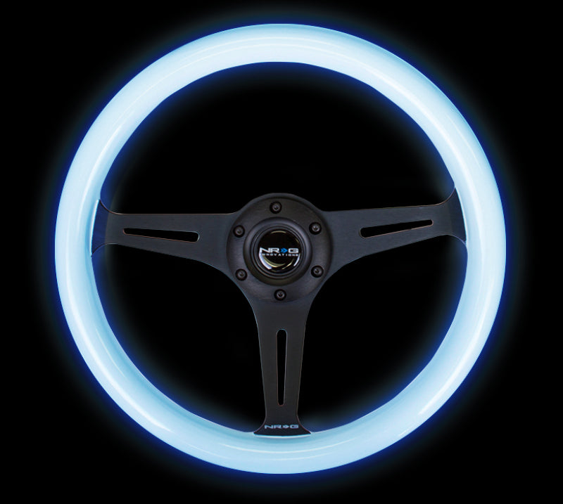 NRG Classic Wood Grain Steering Wheel with blue glow-in-the-dark grip and black 3-spoke center, 350mm diameter for racing cars.