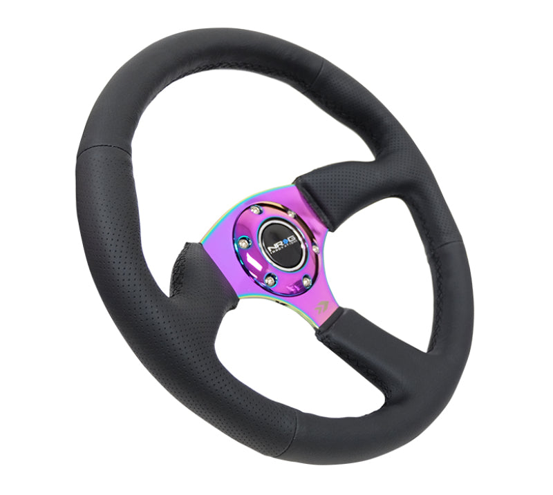 NRG reinforced leather race steering wheel with 350mm diameter, 2.5-inch depth, and 4mm neochrome spokes for racing cars