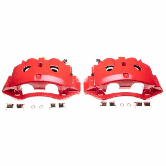 Pair of PowerStop rear red brake calipers for 2011-2016 Chevrolet Silverado 3500 HD pickup truck, performance replacement part.