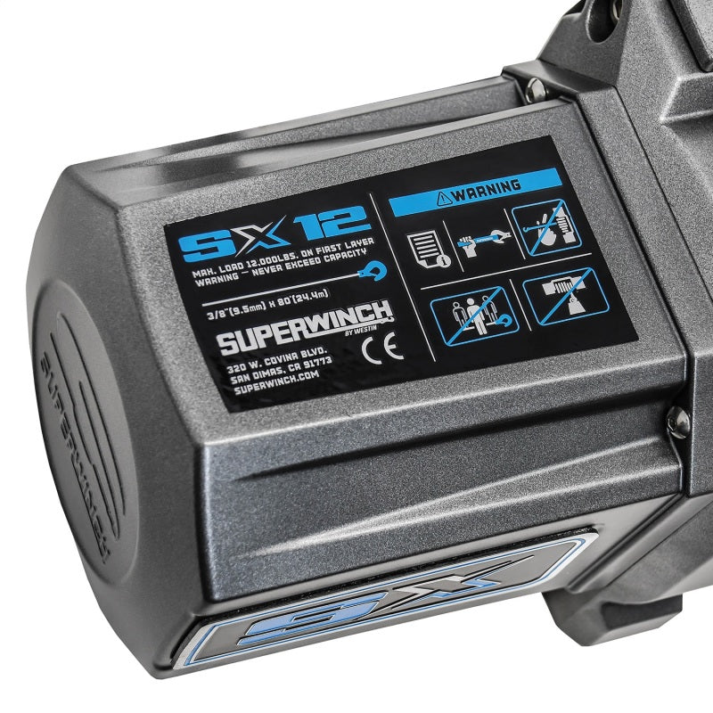 Superwinch 12000 LBS 12V DC winch with 80ft synthetic rope and graphite finish, designed for heavy-duty vehicle recovery.