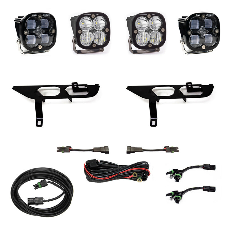 Baja Designs 2021+ Ford F150 fog light pocket kit with clear Squadron Pro DC LED light bar mounted in the fog area.