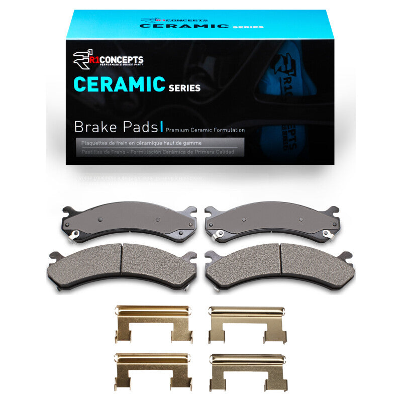 R1 Concepts OE ceramic brake pads and hardware kit for Cadillac DeVille R1 99-20, front brake replacement parts.