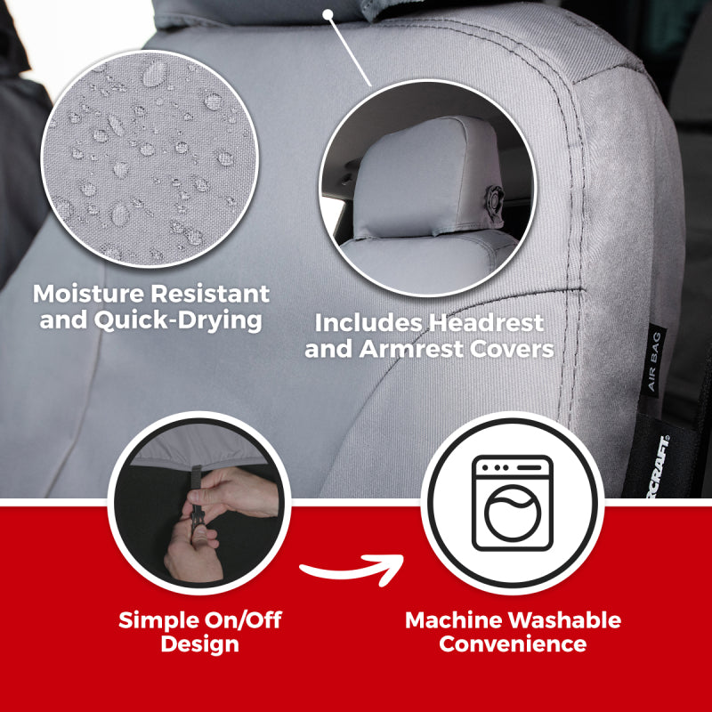 Covercraft Ford Transit third-row seat covers in taupe, made of polycotton fabric, designed for 2019-2023 model vehicles.
