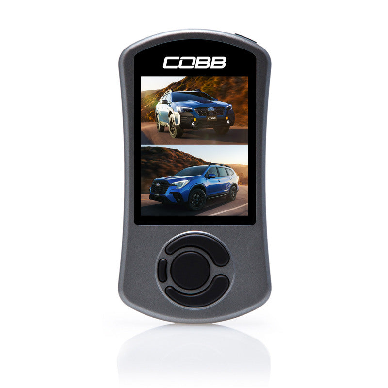 COBB AccessPORT V3 tuner for Subaru Ascent, Outback XT, Wilderness, and Legacy XT, showing device with display screen and controls.