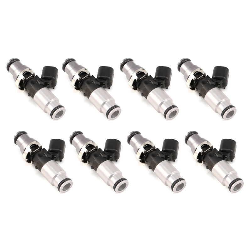 Set of 8 Injector Dynamics 1750-XDS fuel injectors with 60mm length, grey top, silver bottom adaptors for 8-cylinder engines.