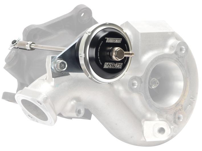 Turbosmart IWG75 black internal wastegate actuator for Mitsubishi EVO 10, 24 PSI boost control, mounted on turbocharger.