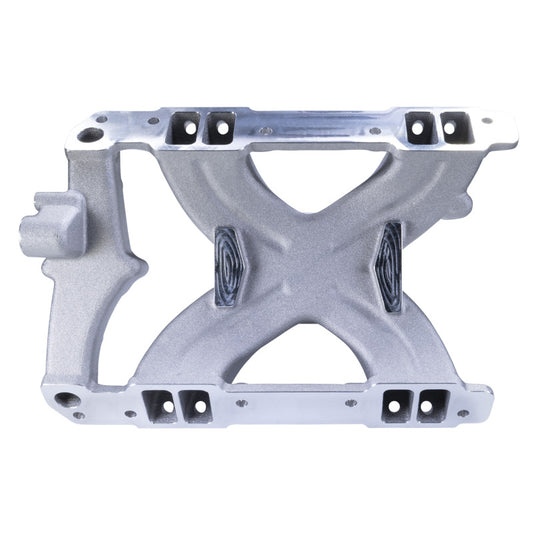 Edelbrock Pontiac V8 Victor Jr. EFI intake manifold with polished aluminum finish and multiple throttle body openings.
