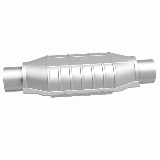 MagnaFlow universal catalytic converter with 2.25-inch T2 rear inlet and outlet, designed for automotive exhaust systems.
