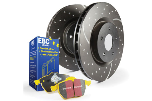 EBC S5 Yellowstuff brake pads with drilled and slotted GD rotors for high-performance braking.