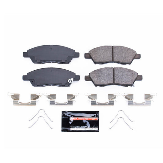 PowerStop Z23 Evolution Sport front brake pads for 2015-2016 Nissan Micra with hardware, high-performance automotive brake components.