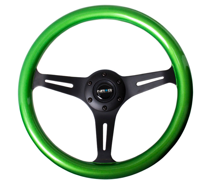 NRG Classic wood grain steering wheel, 350mm, green pearl flake paint, black 3-spoke center, automotive steering wheel.