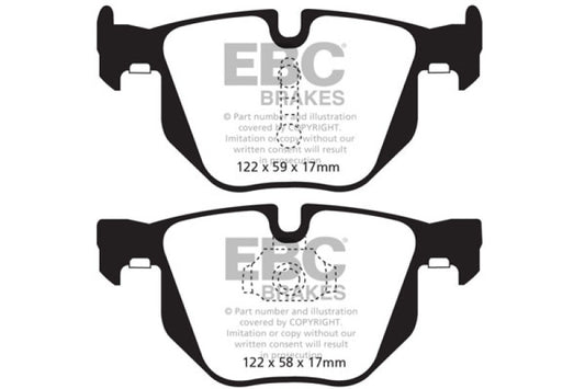 EBC Redstuff rear brake pads for BMW X5 3.0 Turbo (35) 10-14, performance brake pads with red friction material.