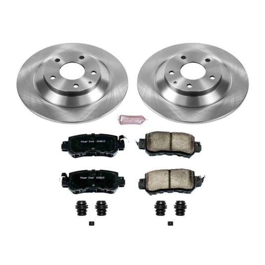 PowerStop OE rear brake kit for Mazda CX-5 2013-2015, includes brake rotors and pads, installed on the vehicle's rear axle.