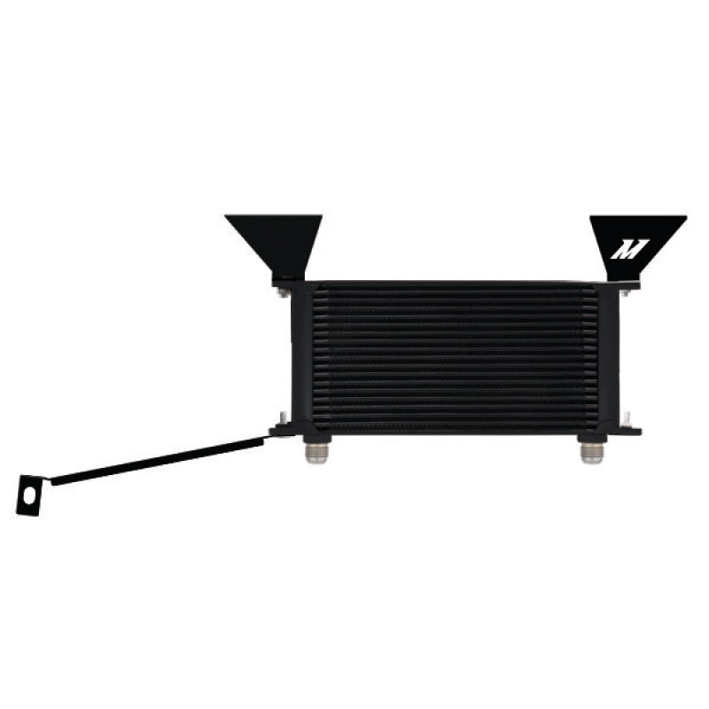 Mishimoto black thermostatic oil cooler kit for 2015 Ford Mustang EcoBoost, includes oil cooler and mounting components.