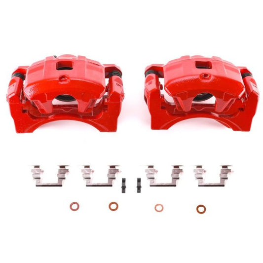 Pair of PowerStop red front brake calipers with brackets for Mitsubishi Lancer 2008-2016, high-performance automotive brake parts.