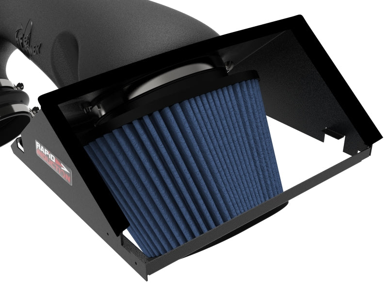 aFe Rapid Induction Cold Air Intake System with Pro 5R filter installed in a 2021+ Ford F-150 V6 3.5L engine bay