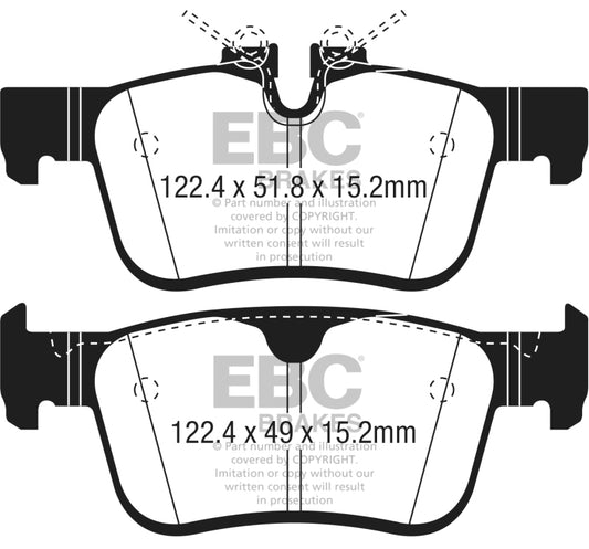 EBC 2017+ Volvo S90 2.0L Turbo Ultimax2 rear brake pads, OE quality, shown in a close-up view of the brake pad set.