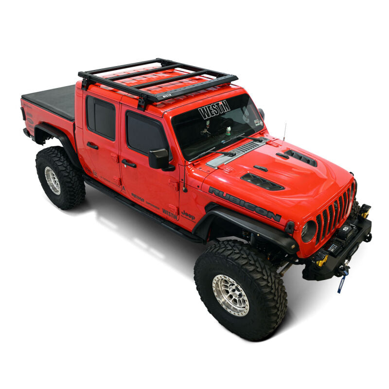 Westin Jeep Gladiator Mesa Roof Rack with black metal bars and mounting hardware for 20-26 Jeep Gladiator models.