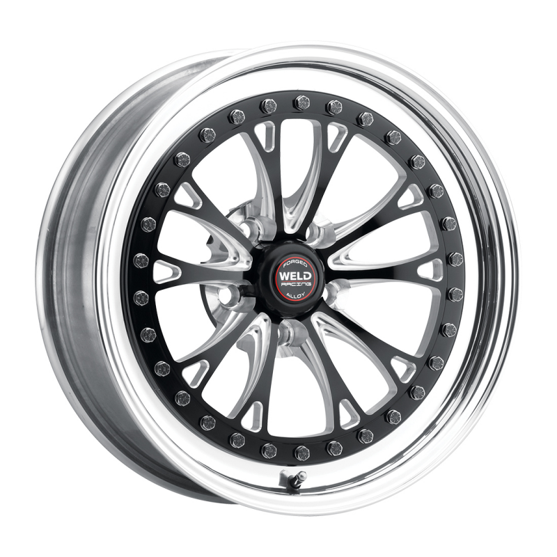 Weld Vitesse forged black center wheel with polished shell, 17x8 size, 5x4.75 bolt pattern, 5.2 BS, 3.18 HB, non-BL wheel