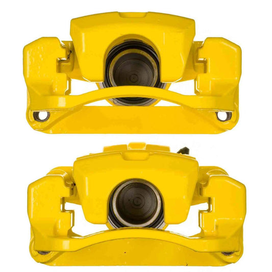 Pair of PowerStop yellow rear brake calipers with brackets for Toyota 86 2017-2020, high-performance disc brake replacement.