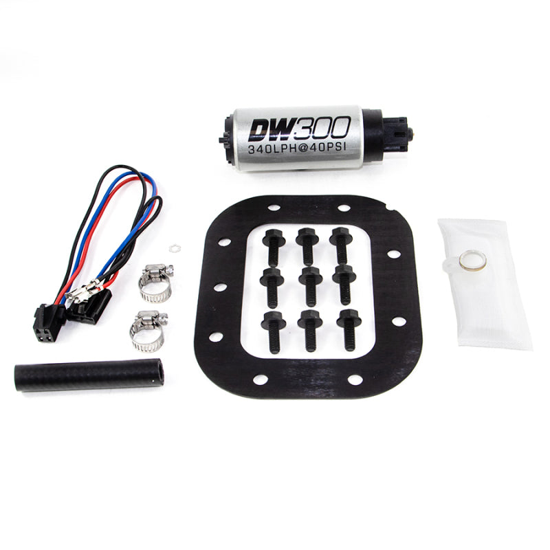 DeatschWerks DW300 340 LPH in-tank fuel pump for 90-96 Chevy Corvette 5.7L, including installation kit, with pump and components visible.